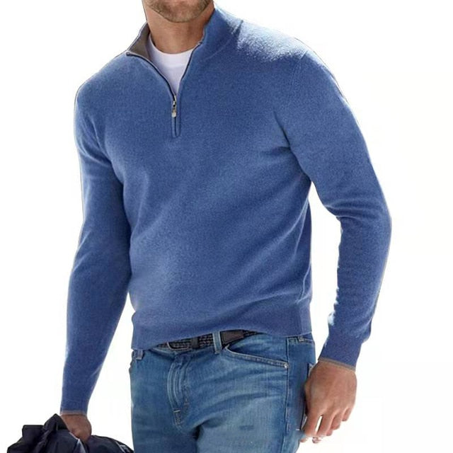 "Eleganter Merino Herrenpullover mit V-Ausschnitt und Reißverschluss, aus atmungsaktiver Merinowolle in stilvollem Design"