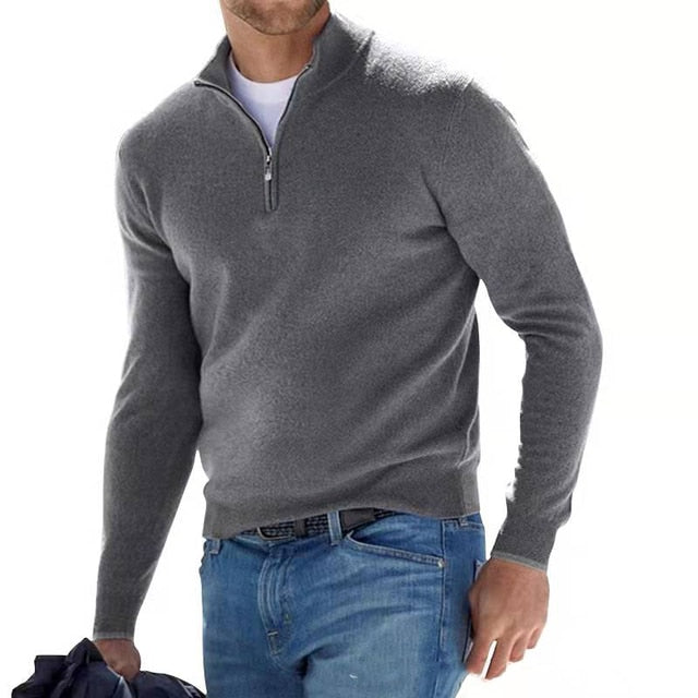 "Eleganter Merino Herrenpullover mit V-Ausschnitt und Reißverschluss, aus atmungsaktiver Merinowolle in stilvollem Design"