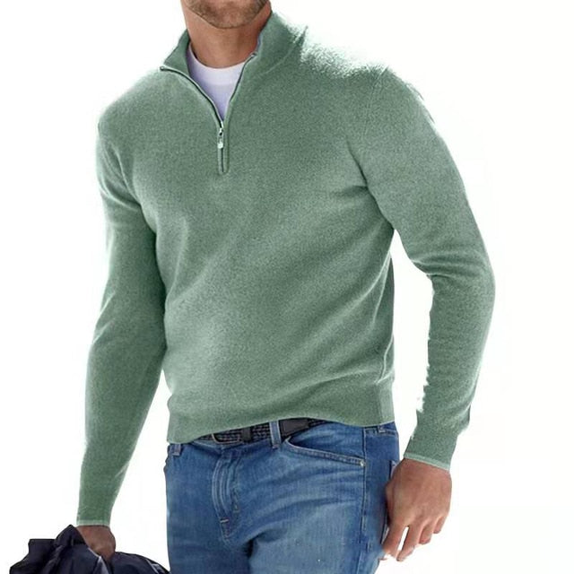 "Eleganter Merino Herrenpullover mit V-Ausschnitt und Reißverschluss, aus atmungsaktiver Merinowolle in stilvollem Design"