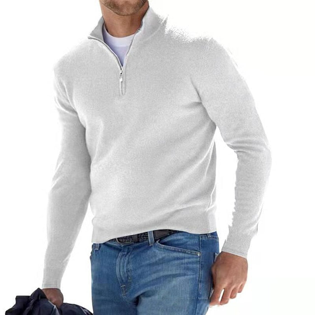 "Eleganter Merino Herrenpullover mit V-Ausschnitt und Reißverschluss, aus atmungsaktiver Merinowolle in stilvollem Design"