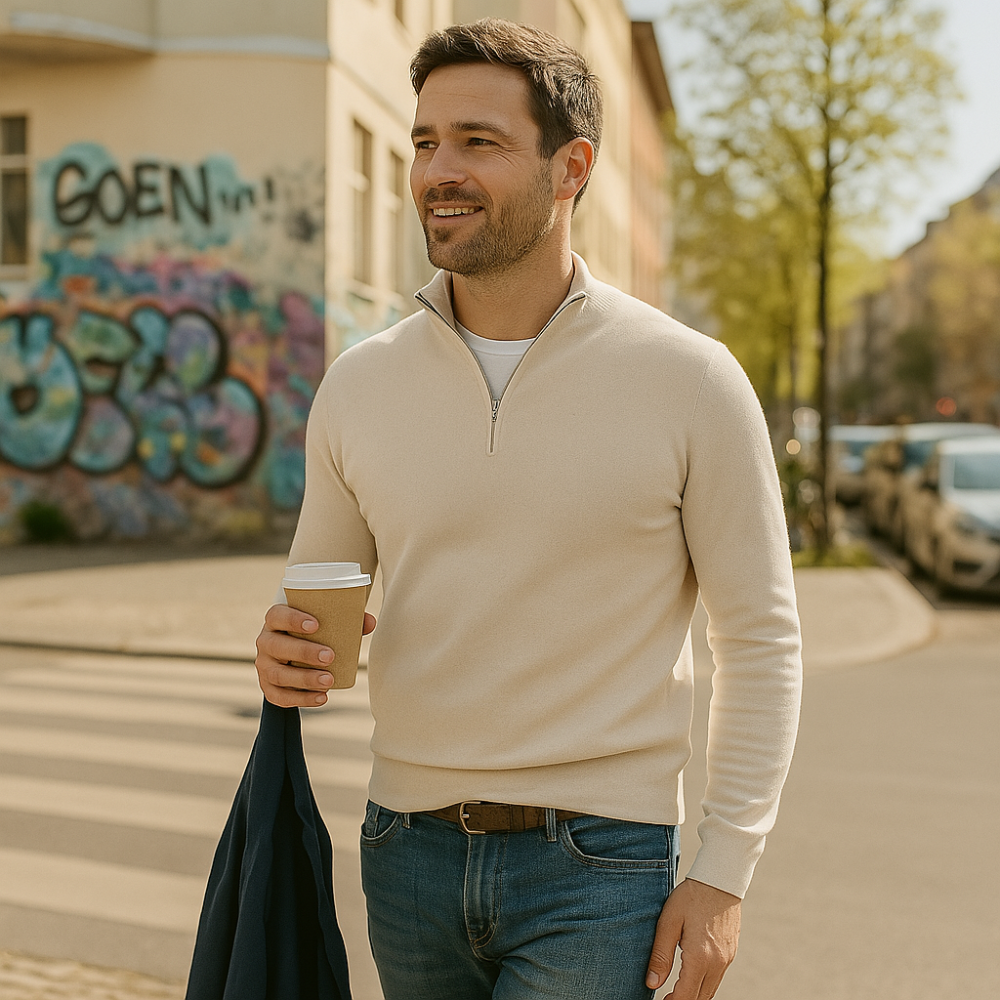 "Eleganter Merino Herrenpullover mit V-Ausschnitt und Reißverschluss, aus atmungsaktiver Merinowolle in stilvollem Design"