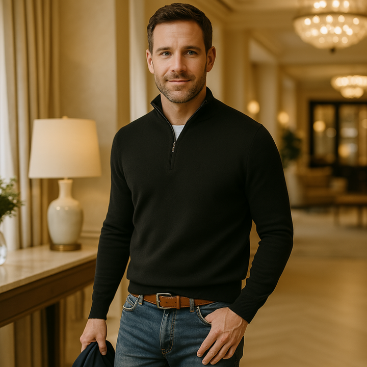 "Eleganter Merino Herrenpullover mit V-Ausschnitt und Reißverschluss, aus atmungsaktiver Merinowolle in stilvollem Design"