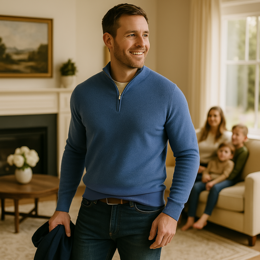 "Eleganter Merino Herrenpullover mit V-Ausschnitt und Reißverschluss, aus atmungsaktiver Merinowolle in stilvollem Design"