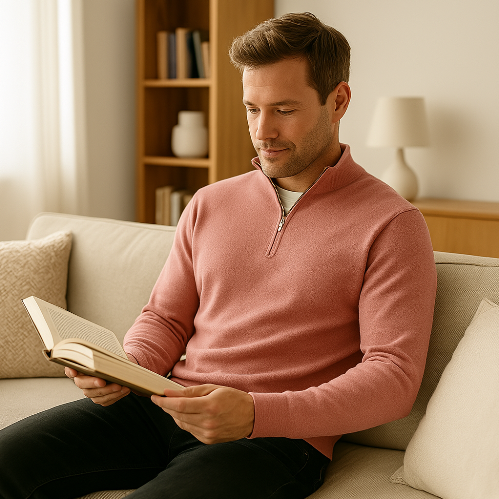 "Eleganter Merino Herrenpullover mit V-Ausschnitt und Reißverschluss, aus atmungsaktiver Merinowolle in stilvollem Design"