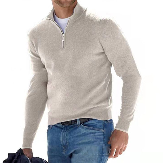 "Eleganter Merino Herrenpullover mit V-Ausschnitt und Reißverschluss, aus atmungsaktiver Merinowolle in stilvollem Design"