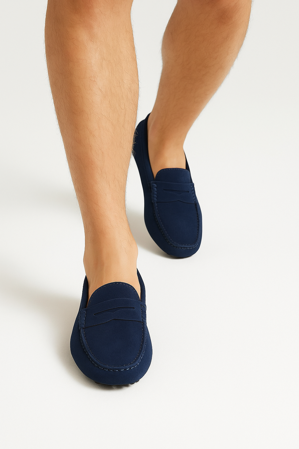 Eleganter Mokassin aus weichem Wildleder, klassisches Penny-Design, bequeme Gummisohle, verfügbar in Blau und Braun.
