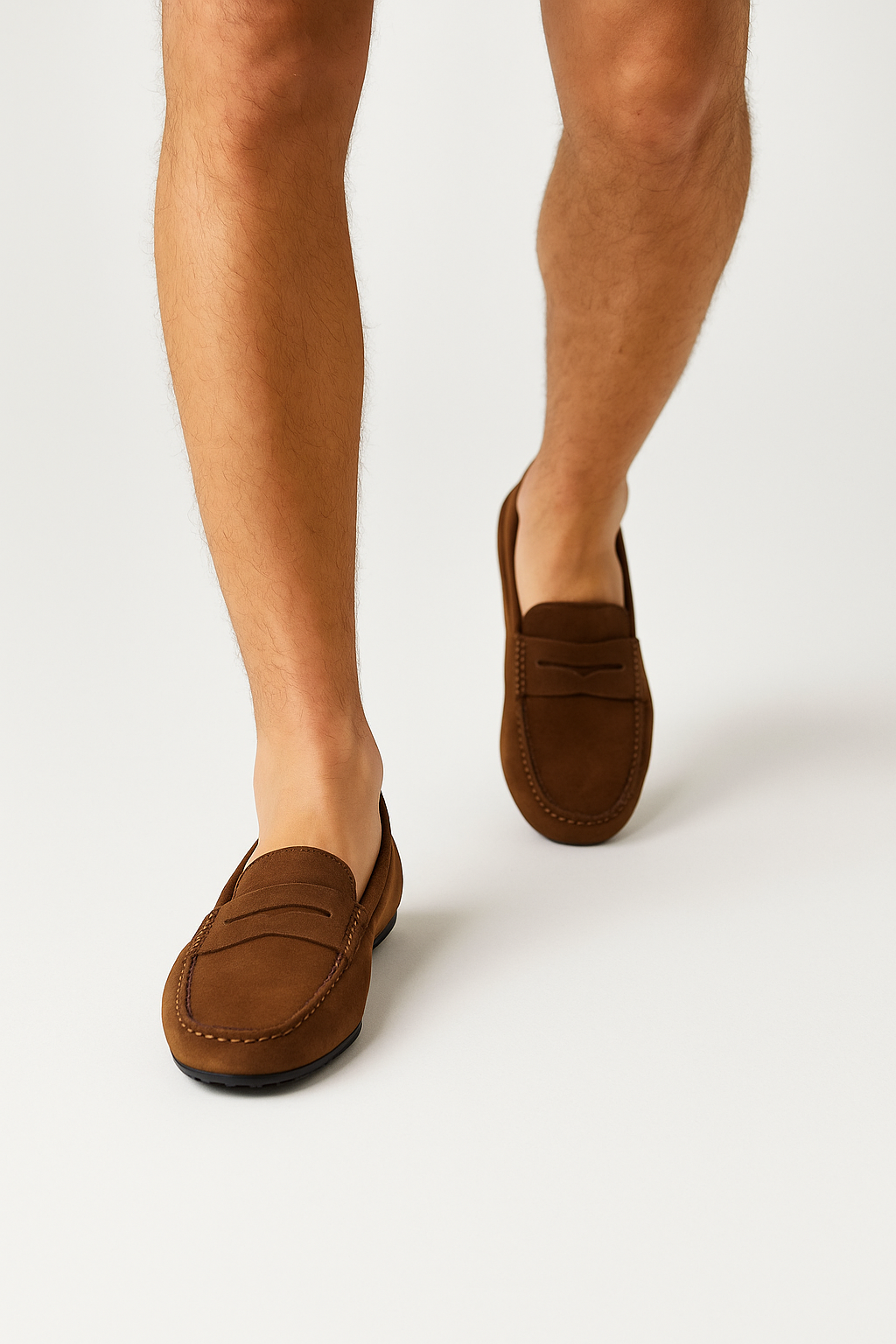 Eleganter Mokassin aus weichem Wildleder, klassisches Penny-Design, bequeme Gummisohle, verfügbar in Blau und Braun.