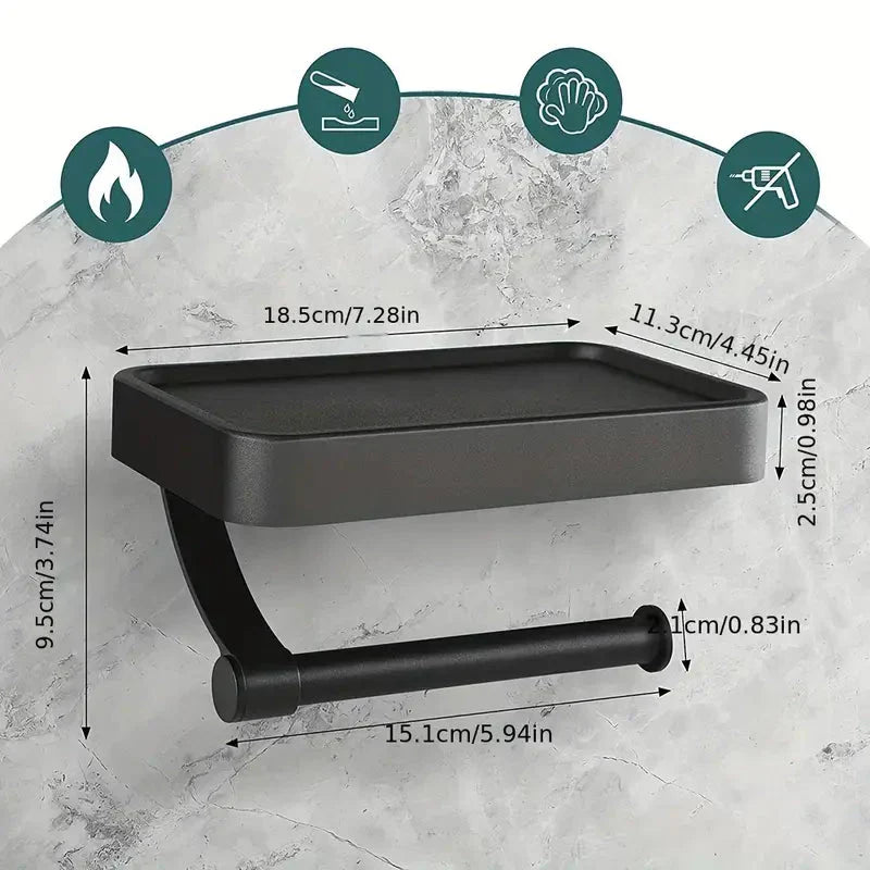 "Eleganter Toilettenpapierhalter mit integrierter Ablage aus gebürstetem Edelstahl, ideal für moderne Badezimmergestaltung."