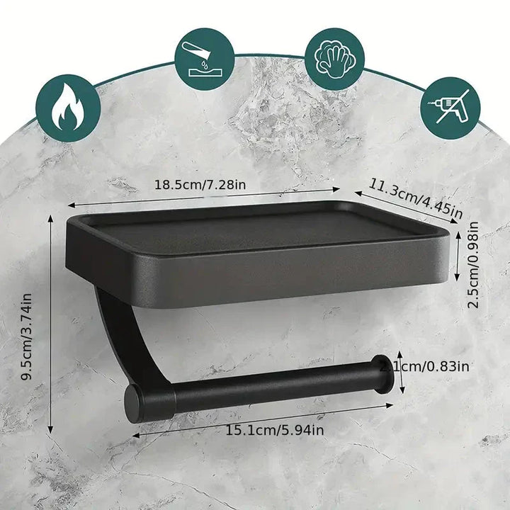 "Eleganter Toilettenpapierhalter mit integrierter Ablage aus gebürstetem Edelstahl, ideal für moderne Badezimmergestaltung."
