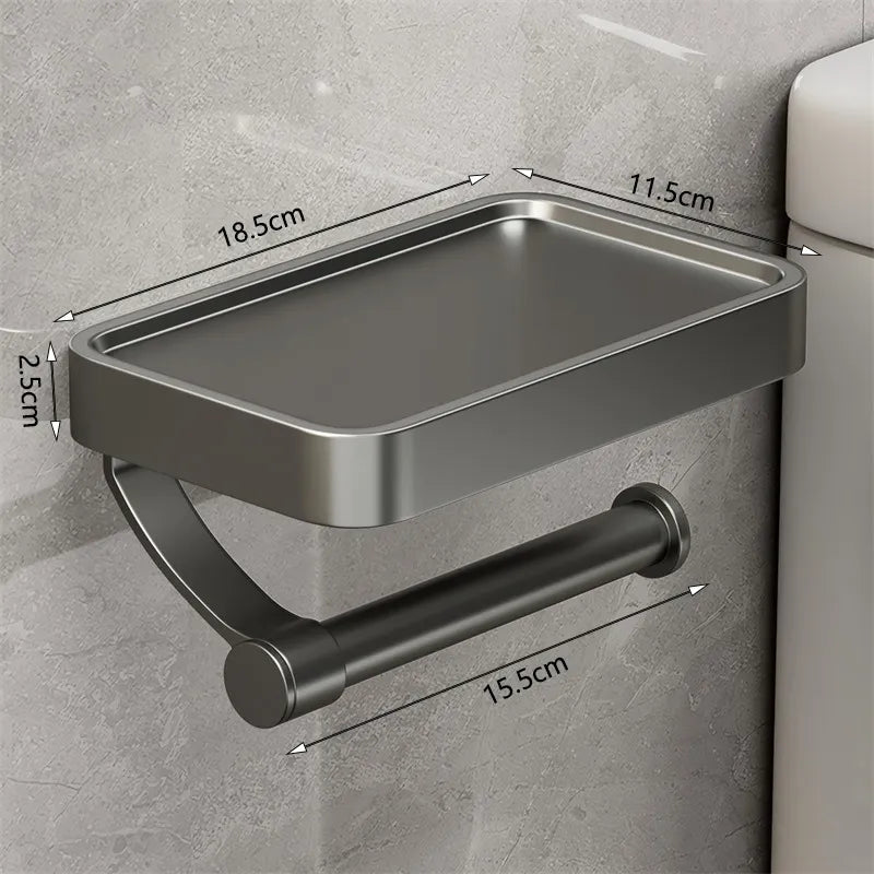 "Eleganter Toilettenpapierhalter mit integrierter Ablage aus gebürstetem Edelstahl, ideal für moderne Badezimmergestaltung."