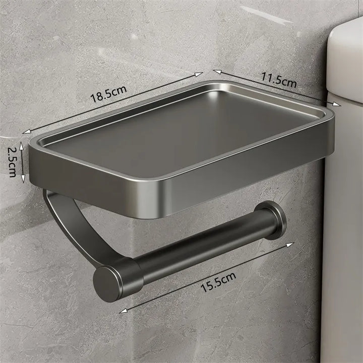 "Eleganter Toilettenpapierhalter mit integrierter Ablage aus gebürstetem Edelstahl, ideal für moderne Badezimmergestaltung."