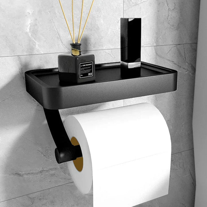 "Eleganter Toilettenpapierhalter mit integrierter Ablage aus gebürstetem Edelstahl, ideal für moderne Badezimmergestaltung."