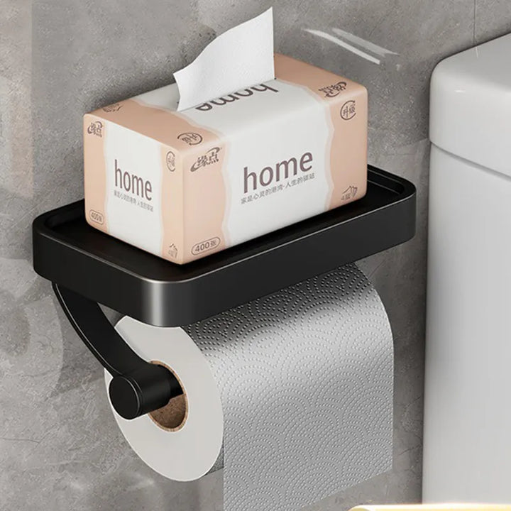 "Eleganter Toilettenpapierhalter mit integrierter Ablage aus gebürstetem Edelstahl, ideal für moderne Badezimmergestaltung."