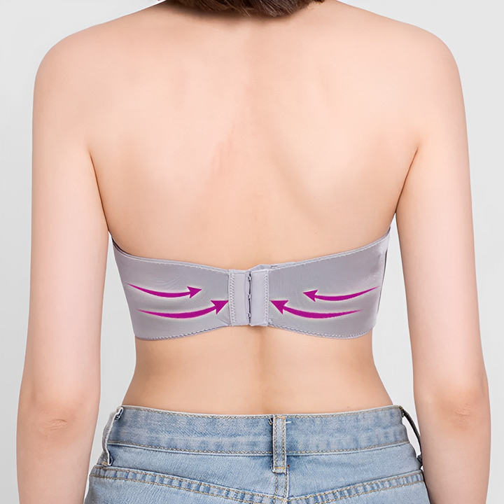 "Eleganter trägerloser Push-up-BH mit Spitzenüberzug, ideal für unsichtbaren Halt unter schulterfreien Kleidern."