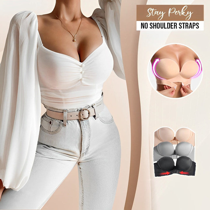 "Eleganter trägerloser Push-up-BH mit Spitzenüberzug, ideal für unsichtbaren Halt unter schulterfreien Kleidern."