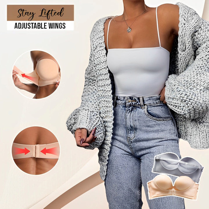 "Eleganter trägerloser Push-up-BH mit Spitzenüberzug, ideal für unsichtbaren Halt unter schulterfreien Kleidern."
