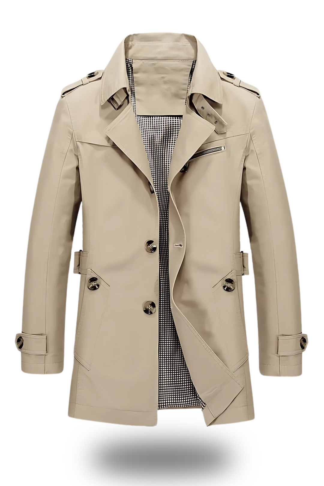 Eleganter Trenchcoat mit umgelegtem Kragen in Armeegrün, klassische Silhouette, ideal für Winter, modern und stilvoll.