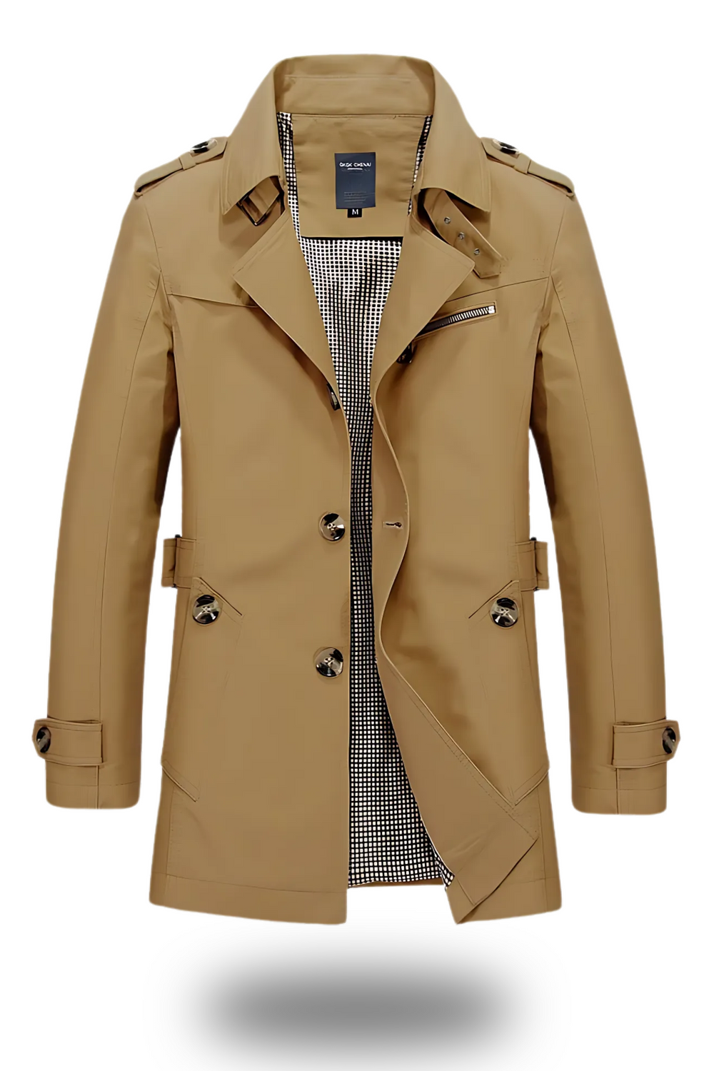Eleganter Trenchcoat mit umgelegtem Kragen in Armeegrün, klassische Silhouette, ideal für Winter, modern und stilvoll.
