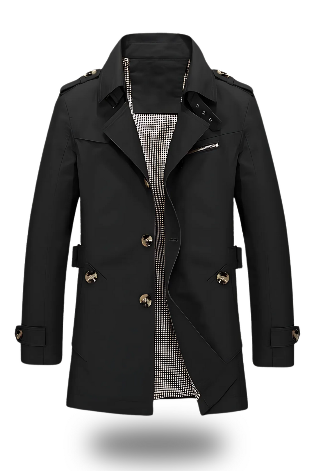 Eleganter Trenchcoat mit umgelegtem Kragen in Armeegrün, klassische Silhouette, ideal für Winter, modern und stilvoll.