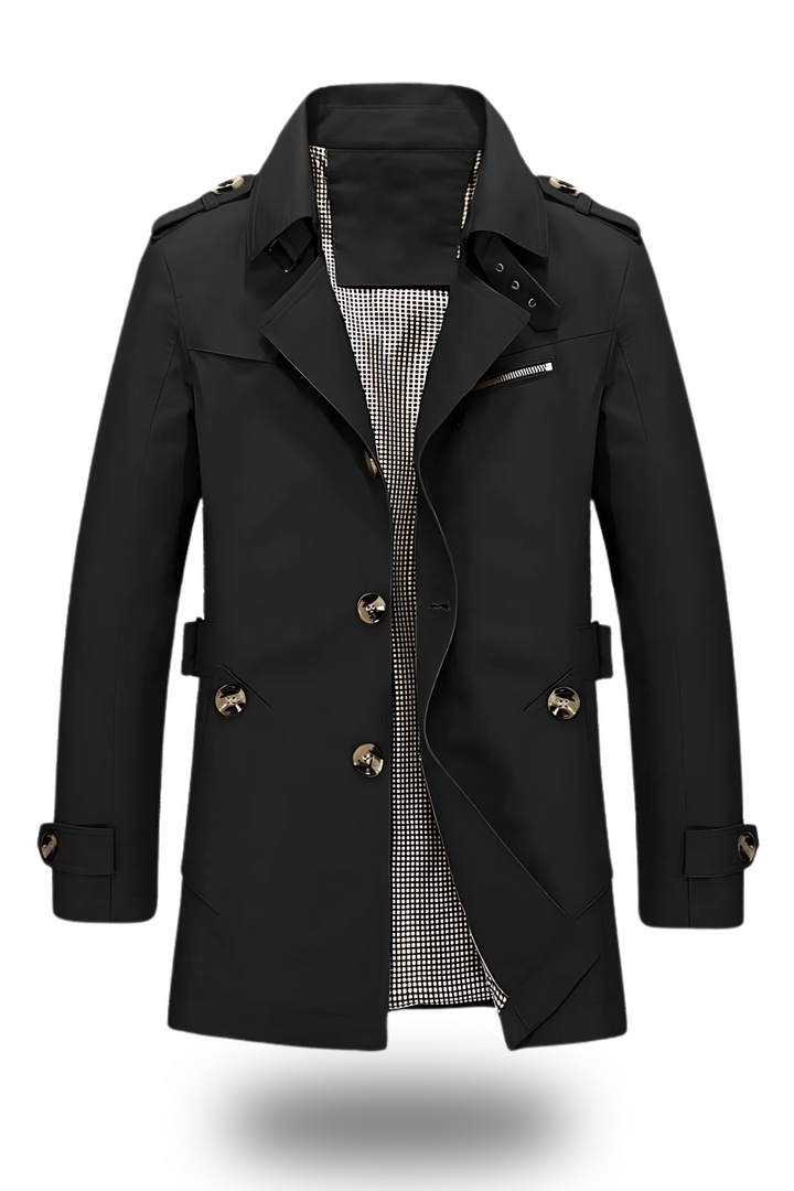 Eleganter Trenchcoat mit umgelegtem Kragen in Armeegrün, klassische Silhouette, ideal für Winter, modern und stilvoll.