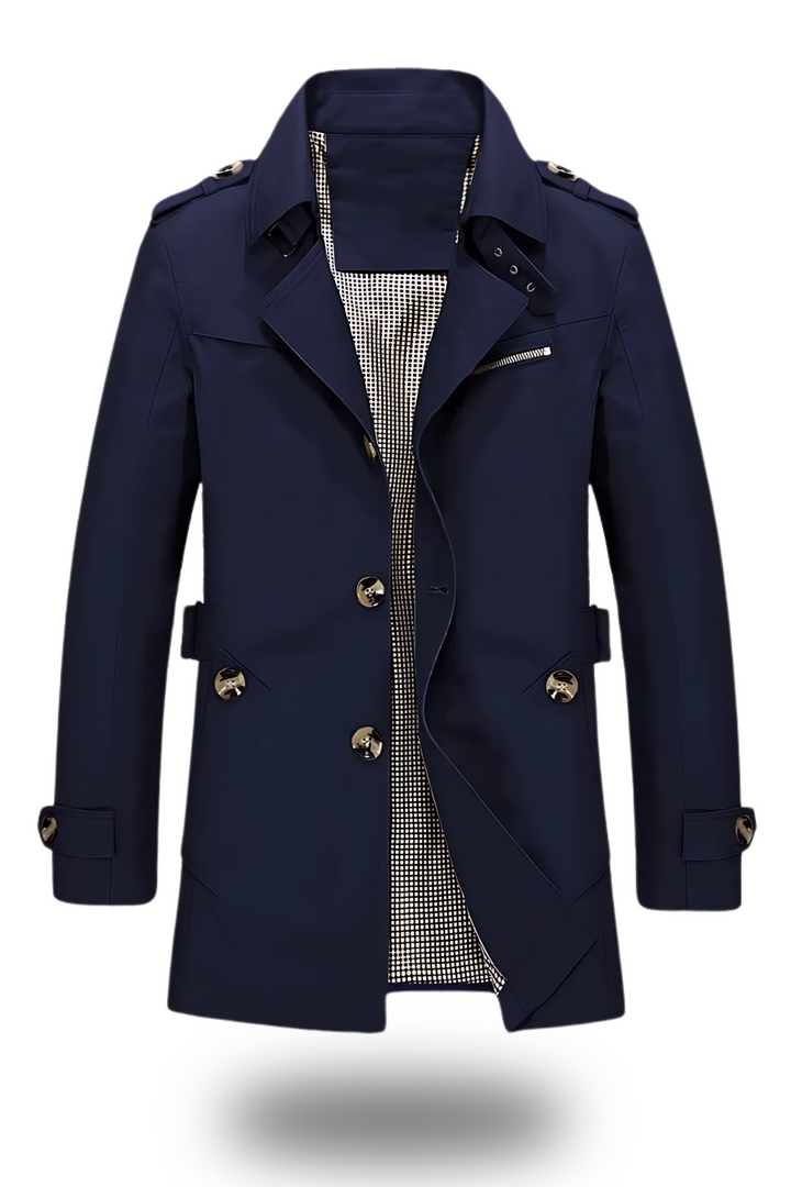 Eleganter Trenchcoat mit umgelegtem Kragen in Armeegrün, klassische Silhouette, ideal für Winter, modern und stilvoll.
