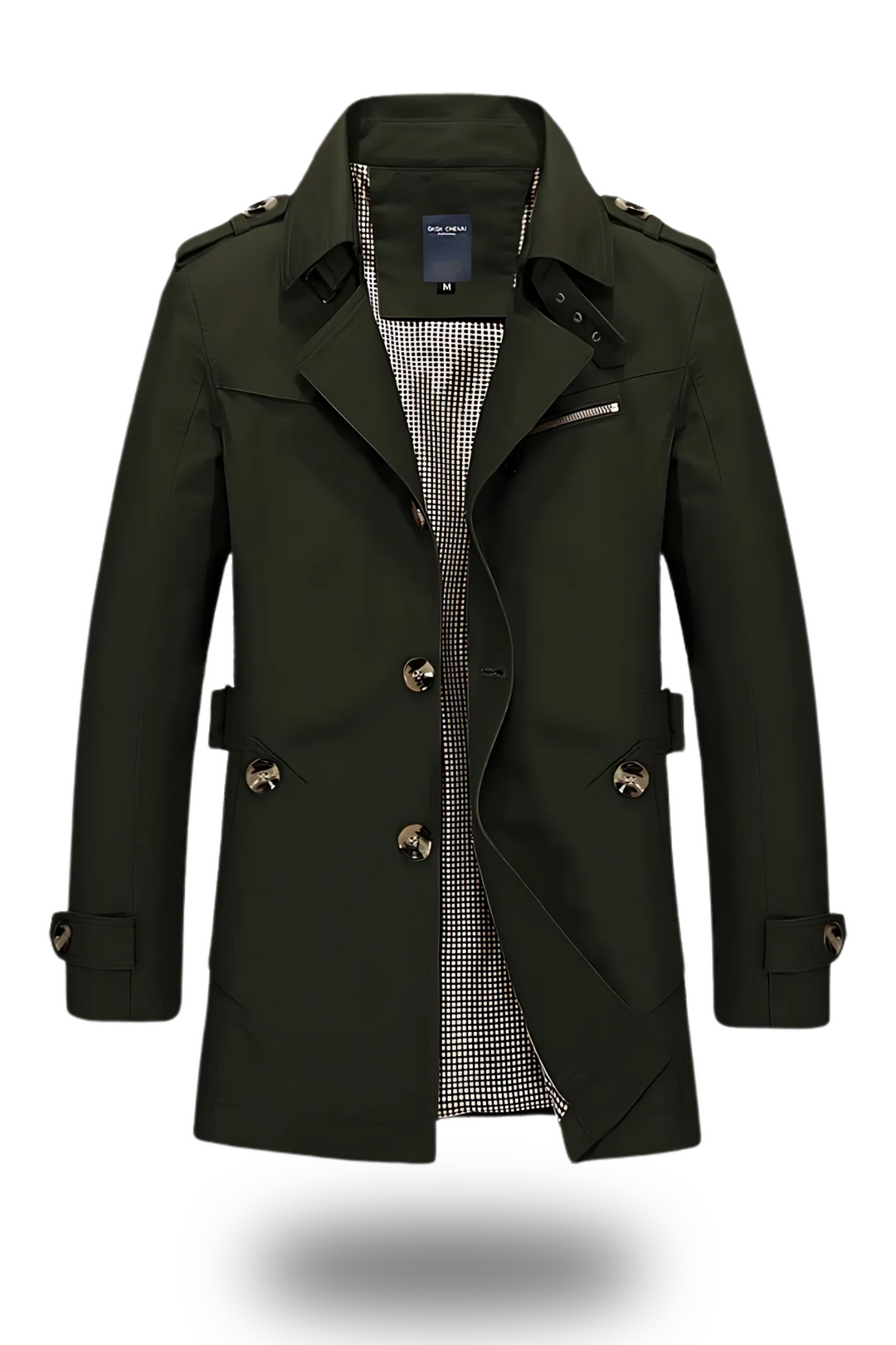 Eleganter Trenchcoat mit umgelegtem Kragen in Armeegrün, klassische Silhouette, ideal für Winter, modern und stilvoll.
