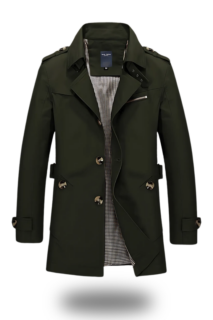 Eleganter Trenchcoat mit umgelegtem Kragen in Armeegrün, klassische Silhouette, ideal für Winter, modern und stilvoll.