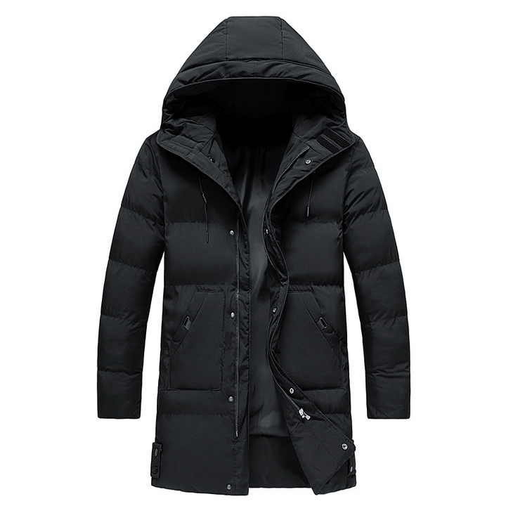 Eleganter, wasserdichter Herren Parka mit Kapuze in Dunkelblau, ideal für stilvollen Winterschutz. Perfekt für jedes Wetter.