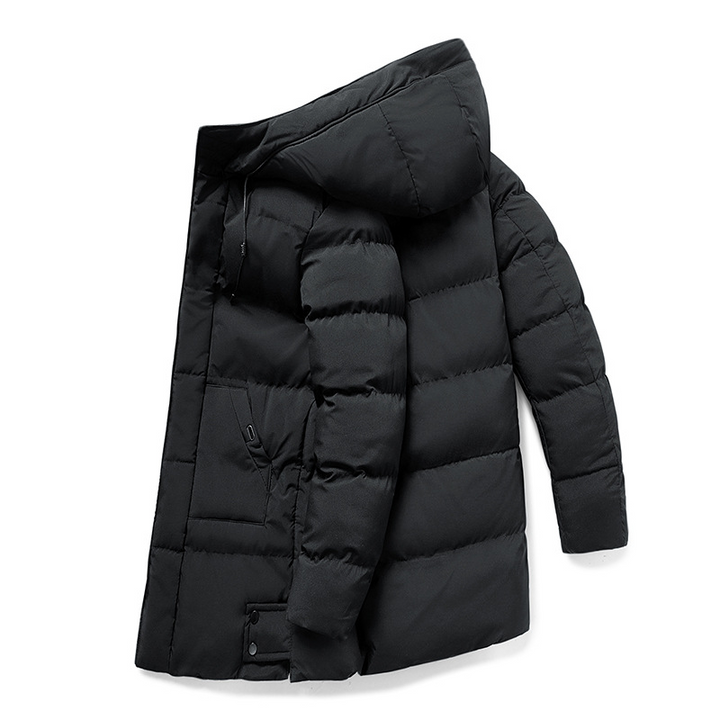 Eleganter, wasserdichter Herren Parka mit Kapuze in Dunkelblau, ideal für stilvollen Winterschutz. Perfekt für jedes Wetter.