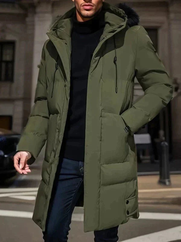 Eleganter, wasserdichter Herren Parka mit Kapuze in Dunkelblau, ideal für stilvollen Winterschutz. Perfekt für jedes Wetter.