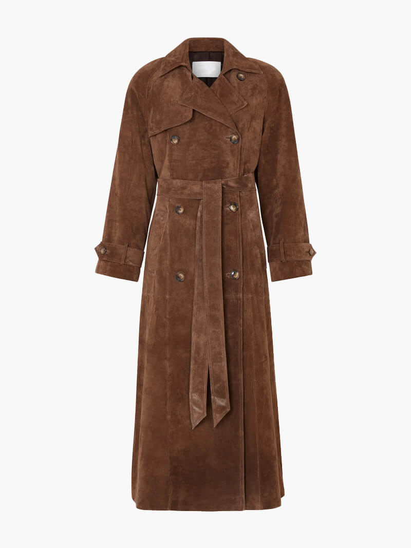 "Eleganter Wildleder-Trenchcoat für Damen mit klassischer Silhouette und luxuriösem Stoff, ideal für jede Saison."
