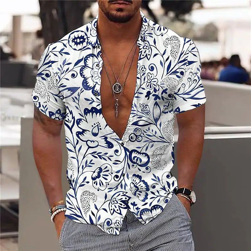 "Elegantes Herren Designer Hemd in Dunkelblau mit stilvollem Blumenmuster, bequemes und hochwertiges Material."