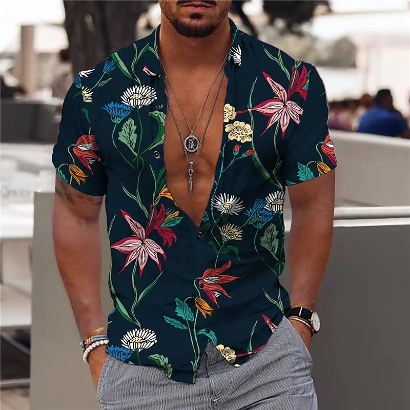 "Elegantes Herren Designer Hemd in Dunkelblau mit stilvollem Blumenmuster, bequemes und hochwertiges Material."