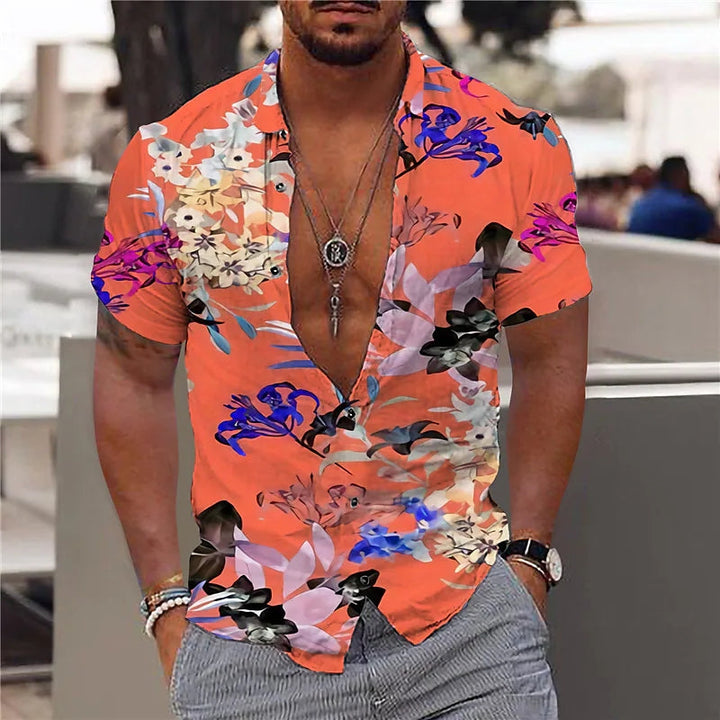 "Elegantes Herren Designer Hemd in Dunkelblau mit stilvollem Blumenmuster, bequemes und hochwertiges Material."