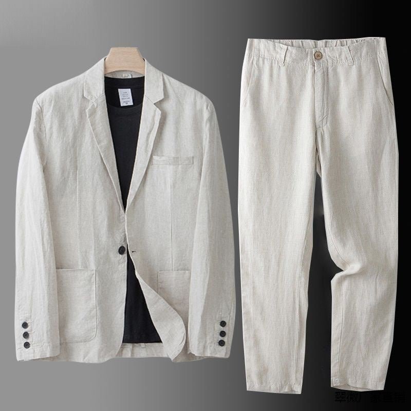 Elegantes Leinen-Set für Herren: Slim-Fit, beige, atmungsaktiv, 2-teilig, ideal für Sommeranlässe. Taille mit elastischem Bun