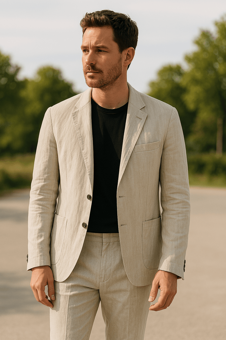 Elegantes Leinen-Set für Herren: Slim-Fit, beige, atmungsaktiv, 2-teilig, ideal für Sommeranlässe. Taille mit elastischem Bun