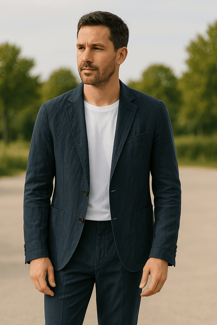 Elegantes Leinen-Set für Herren: Slim-Fit, beige, atmungsaktiv, 2-teilig, ideal für Sommeranlässe. Taille mit elastischem Bun