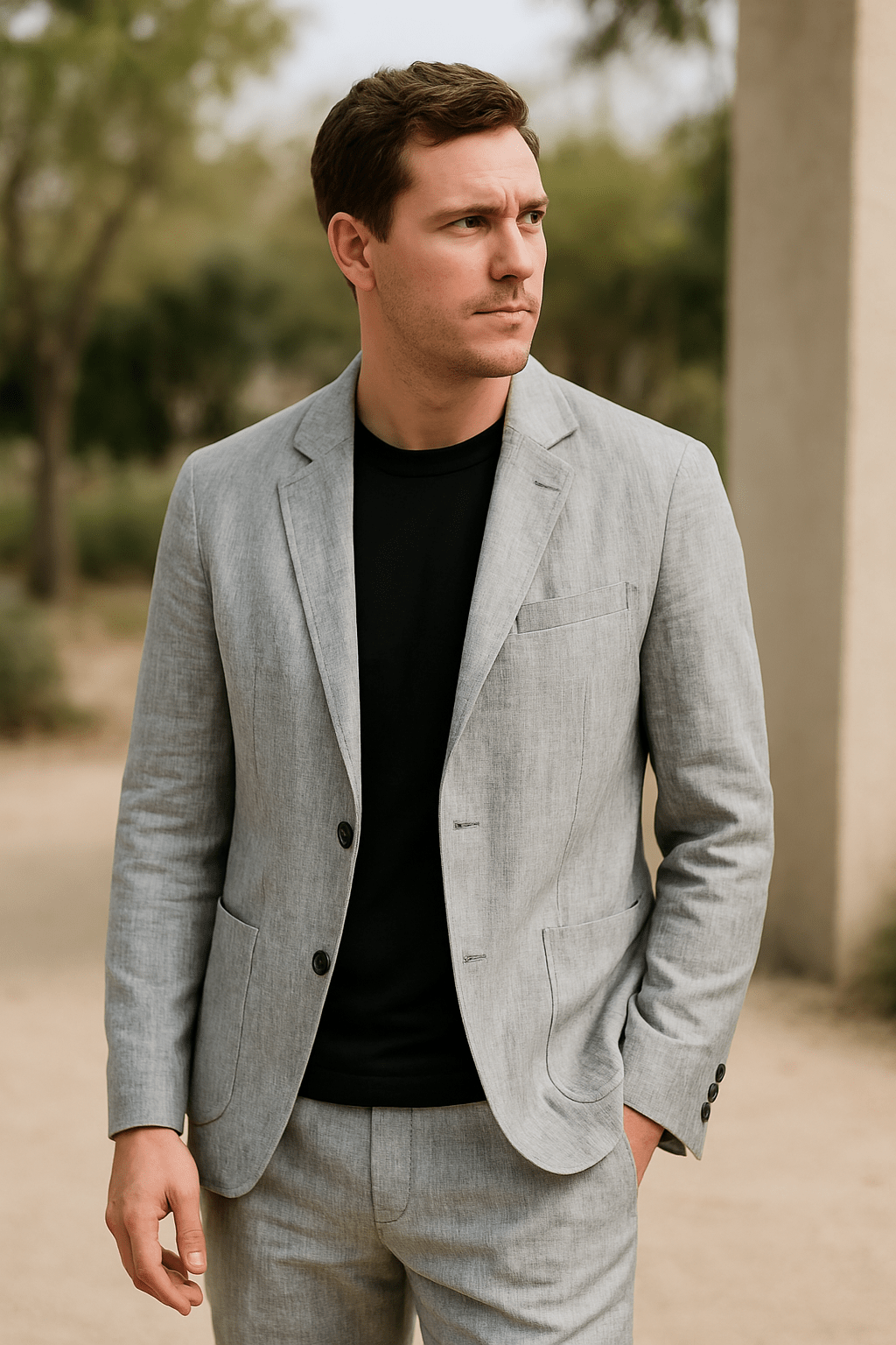 Elegantes Leinen-Set für Herren: Slim-Fit, beige, atmungsaktiv, 2-teilig, ideal für Sommeranlässe. Taille mit elastischem Bun