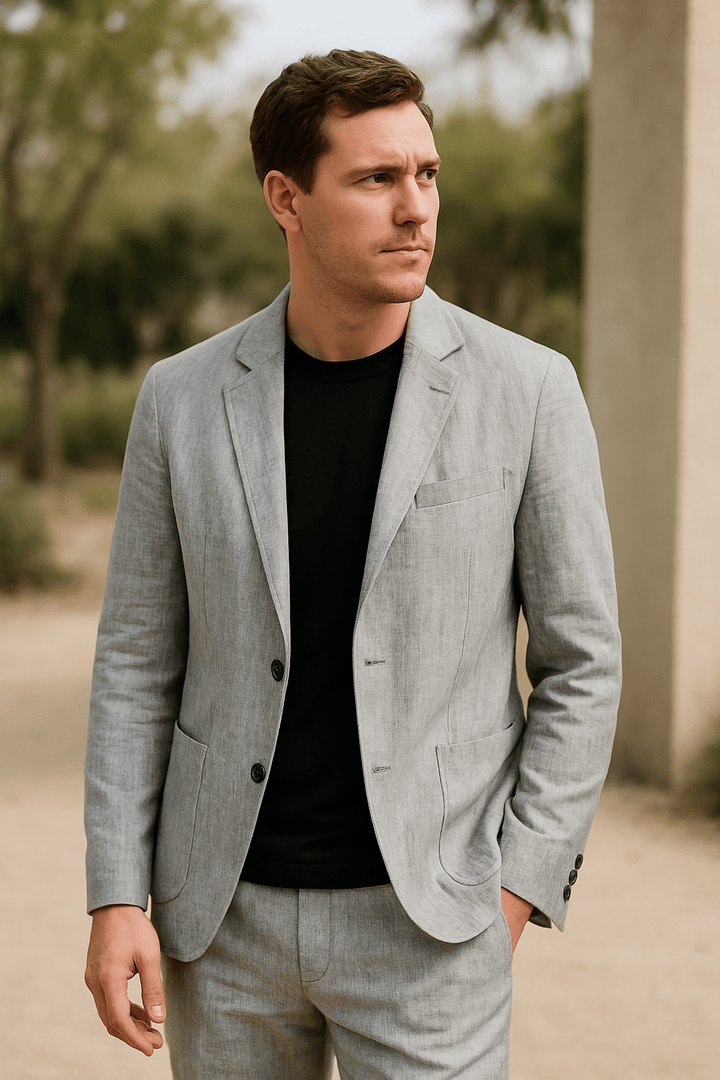 Elegantes Leinen-Set für Herren: Slim-Fit, beige, atmungsaktiv, 2-teilig, ideal für Sommeranlässe. Taille mit elastischem Bun