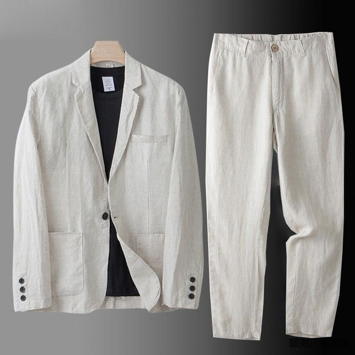 Elegantes Leinen-Set für Herren: Slim-Fit, beige, atmungsaktiv, 2-teilig, ideal für Sommeranlässe. Taille mit elastischem Bun