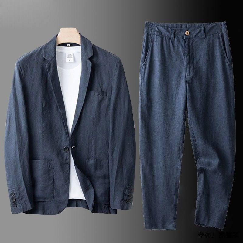 Elegantes Leinen-Set für Herren: Slim-Fit, beige, atmungsaktiv, 2-teilig, ideal für Sommeranlässe. Taille mit elastischem Bun