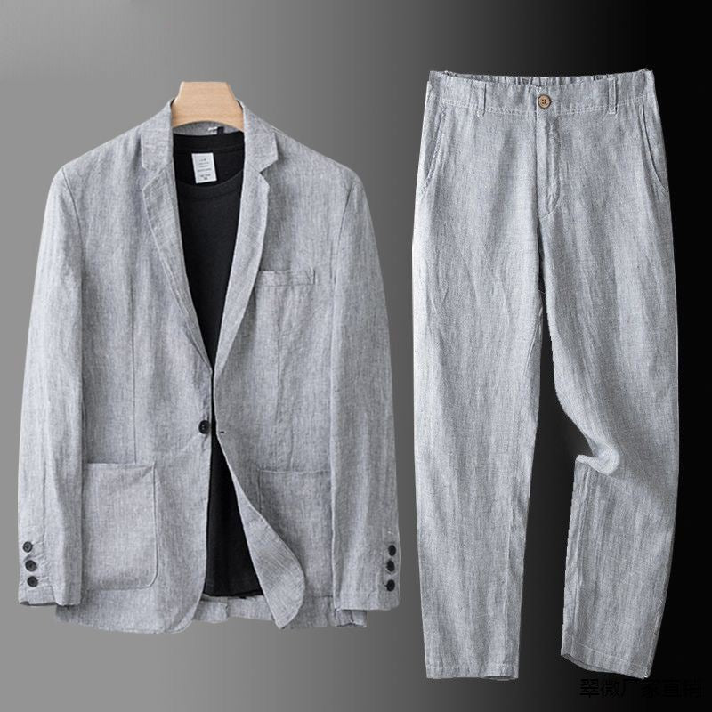Elegantes Leinen-Set für Herren: Slim-Fit, beige, atmungsaktiv, 2-teilig, ideal für Sommeranlässe. Taille mit elastischem Bun