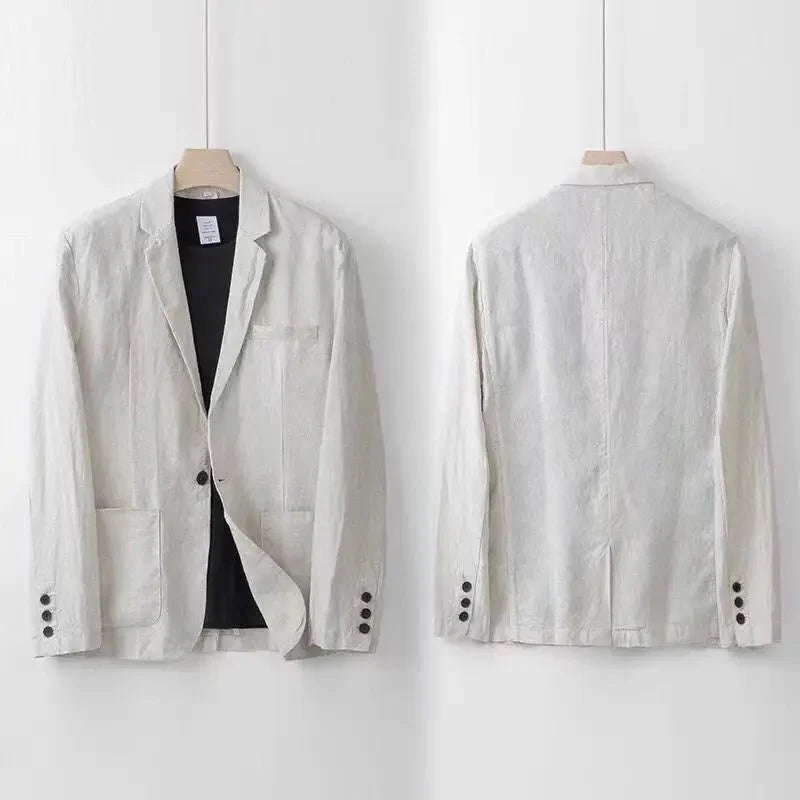 Elegantes Leinen-Set für Herren: Slim-Fit, beige, atmungsaktiv, 2-teilig, ideal für Sommeranlässe. Taille mit elastischem Bun