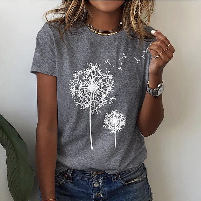 "Elegantes Löwenzahn-Blumen-T-Shirt für Damen, stilvoller Look in Blau, Gelb, Grau, Rosa, Schwarz oder Weiß."