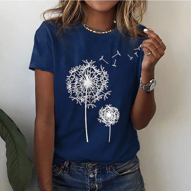"Elegantes Löwenzahn-Blumen-T-Shirt für Damen, stilvoller Look in Blau, Gelb, Grau, Rosa, Schwarz oder Weiß."