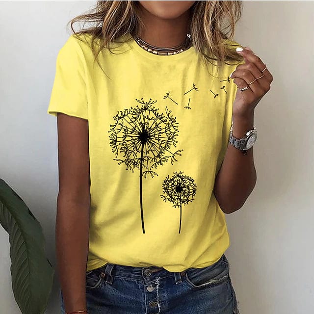 "Elegantes Löwenzahn-Blumen-T-Shirt für Damen, stilvoller Look in Blau, Gelb, Grau, Rosa, Schwarz oder Weiß."