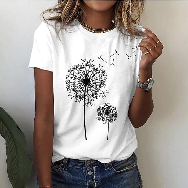 "Elegantes Löwenzahn-Blumen-T-Shirt für Damen, stilvoller Look in Blau, Gelb, Grau, Rosa, Schwarz oder Weiß."