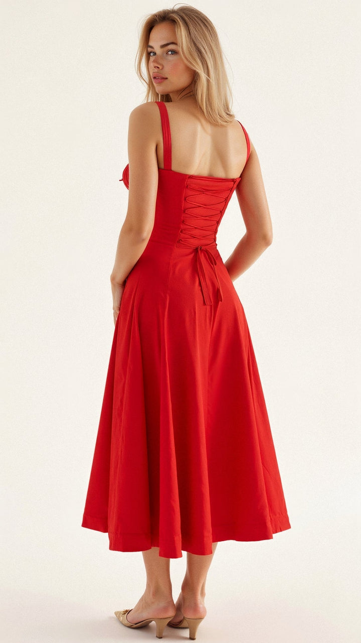 Elegantes Midikleid mit Korsett-Design, betont Taille, fließender Rock. Perfekt für elegante Anlässe in Blau, Rosa, Schwarz.