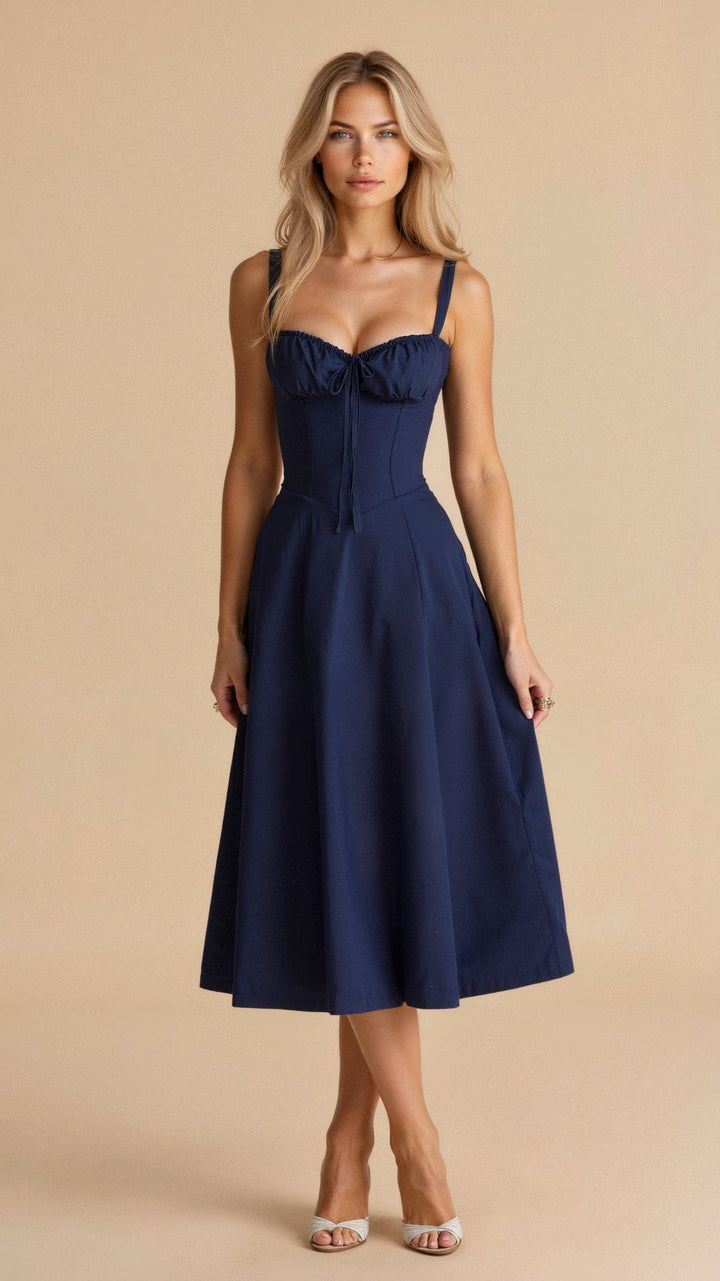 Elegantes Midikleid mit Korsett-Design, betont Taille, fließender Rock. Perfekt für elegante Anlässe in Blau, Rosa, Schwarz.