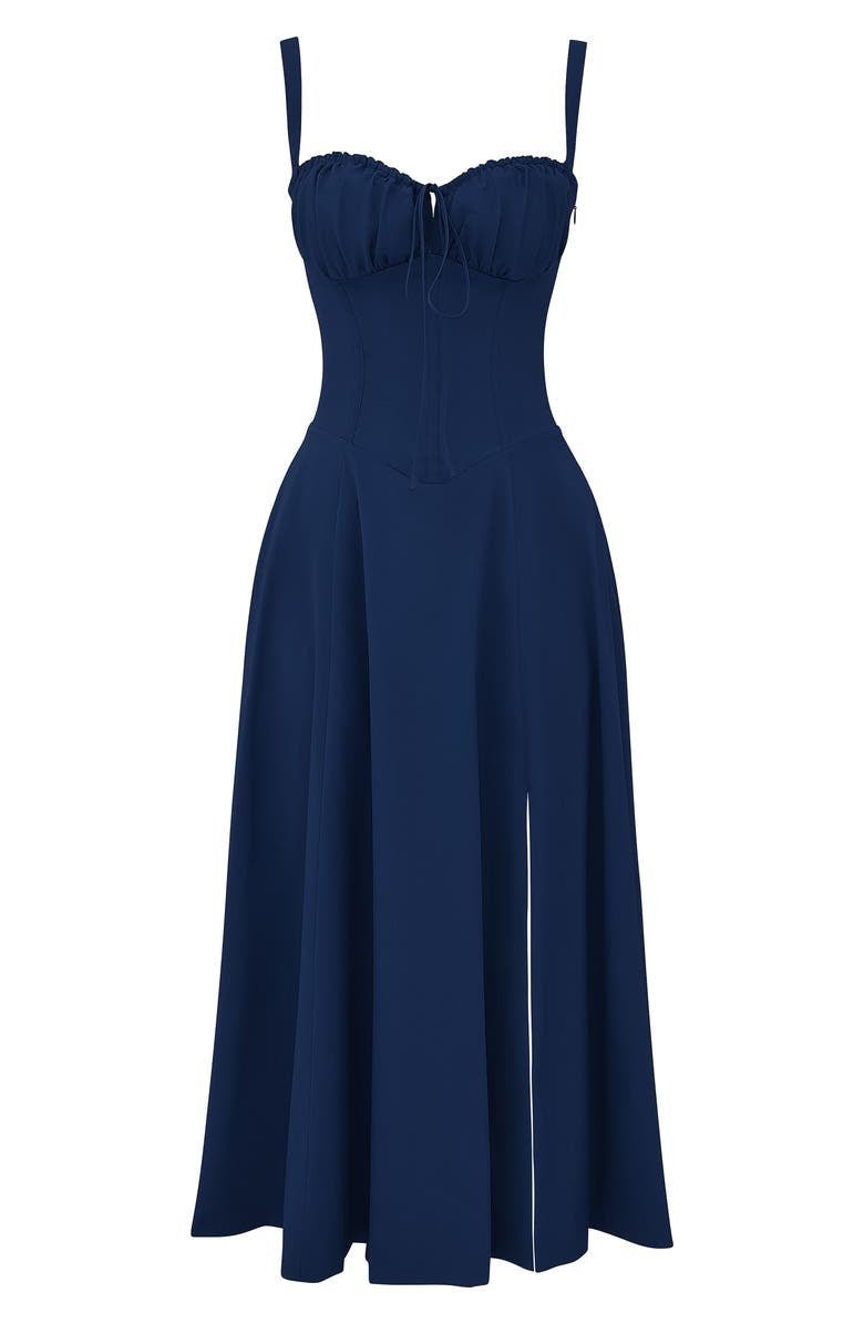 Elegantes Midikleid mit Korsett-Design, betont Taille, fließender Rock. Perfekt für elegante Anlässe in Blau, Rosa, Schwarz.